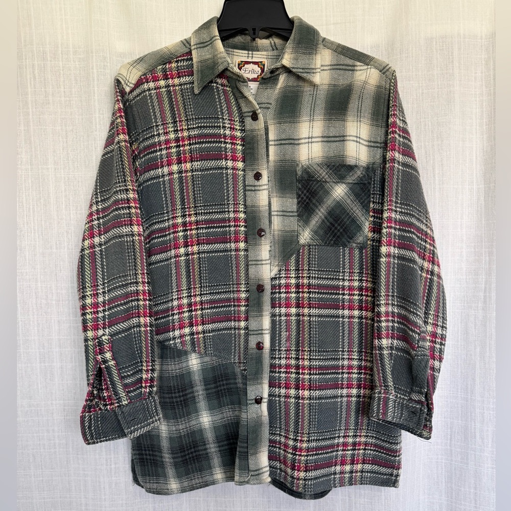 Erika Green Patchwork Plaid Button-Up Shirt Size S 100% Cotton